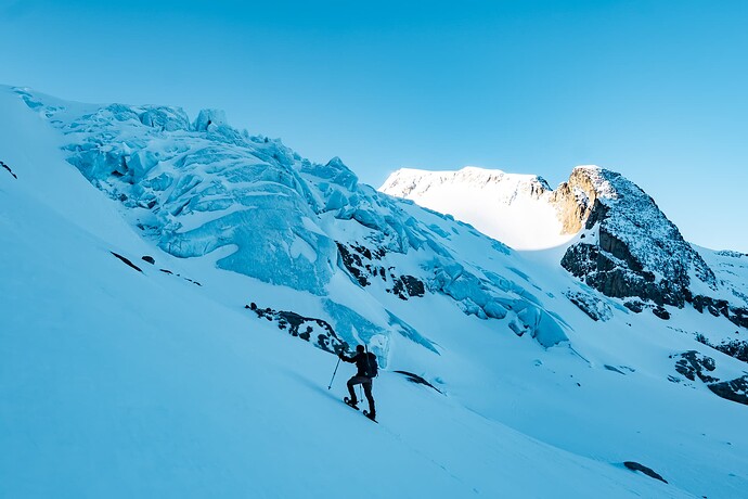 Climbing next to the seracs at the foot of Matier Glacier