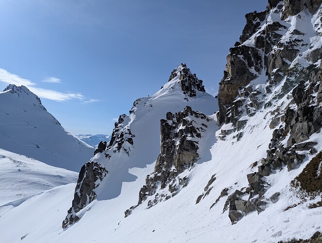 Swapped our gear here. Considered heading up that gully, but went up to the right instead