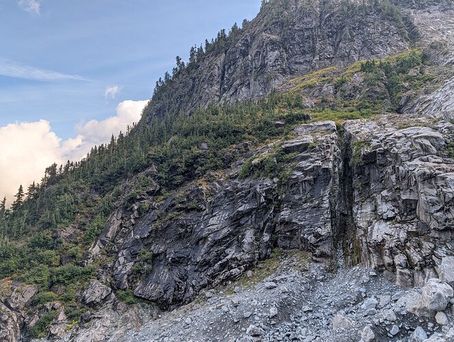 We bushwhacked to the left here, then up above into the boulder field.