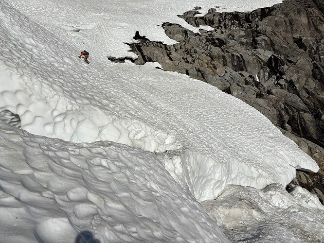 Dean down climbing above the 'shrund