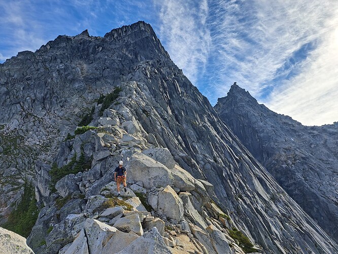 Descending the Northeast Ridge of Rexford, July 2023.