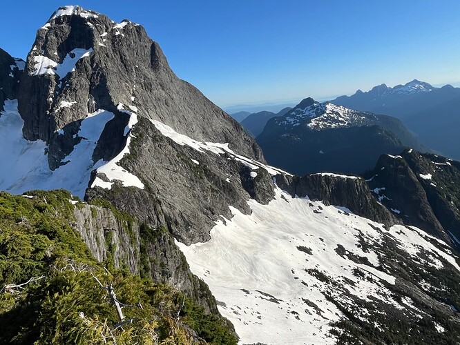 That snow finger in the middle of this picture leading up to the ridge was our way up the next day