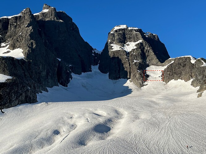 RR N glacier. The 'shrund we went up to is in the box. For scale, you can see Dean in the lower right