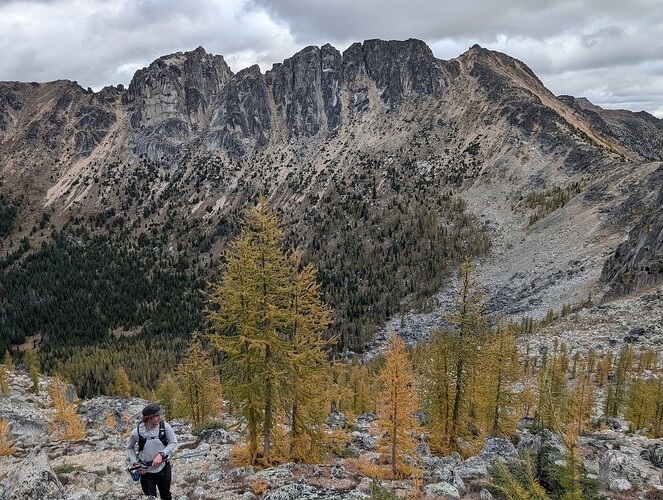 Ascending The Deacon, our route the next day visible on the skyline.