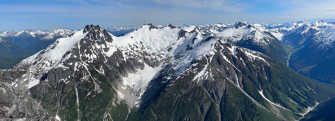 Views from the summit towards Sharks Teeth and Peak 7400 + 7300.