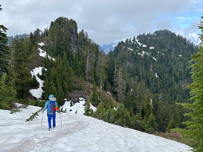 Dean looking at the rocky pinnacle (L) and following rise (R). You can make out where the saddle is btwn them