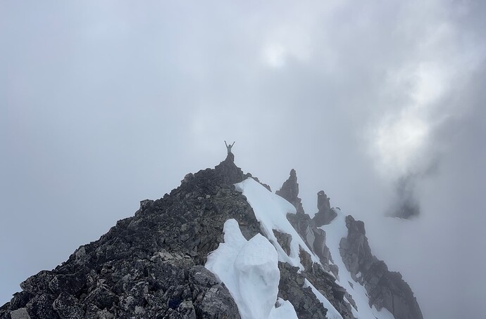 Andrea on the summit with some interesting pinnacles