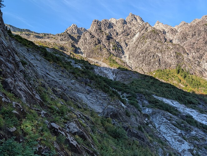 Above the lower slab crux, about to do a mandatory crossing.